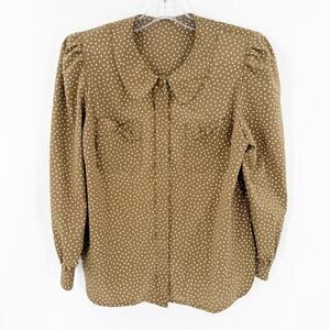 Vintage Leilian Brown Polka Dot Coquette Twee Button Front Blouse US Medium